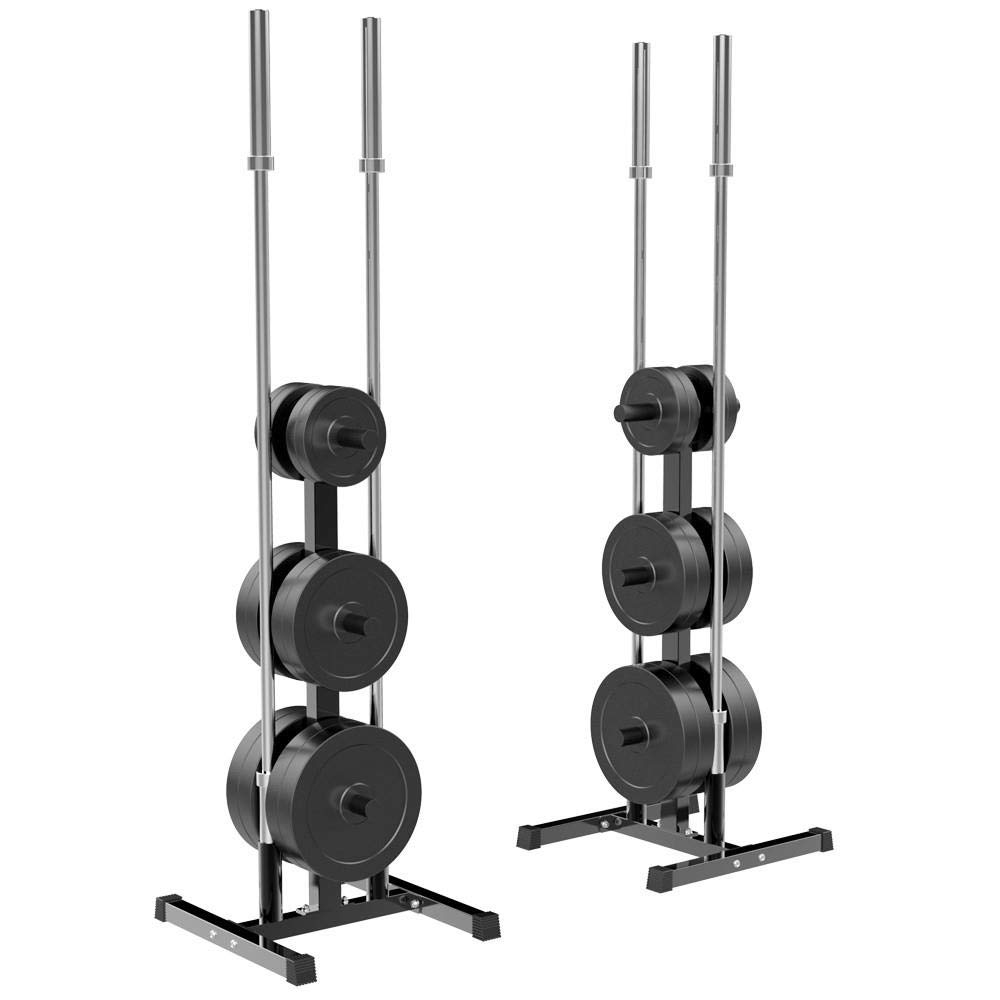 Topeakmart Olympic Weight Plate Tree Rack - Heavy Duty Bumper Plate Holder with 2 Barbell Storage - Perfect for Home Gym & CrossFit Training - Black