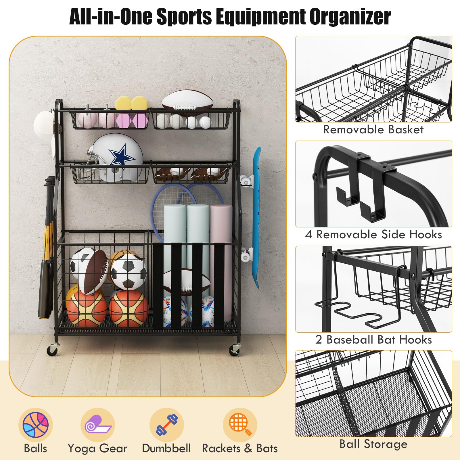 GYMAX Garage Sports Equipment Organizer - Rolling Toy Storage Cart with Lockable Wheels, Basket & Hooks for Golf Bags, Bats, Football Gear | Perfect for Garage, Basement & Playroom Organization