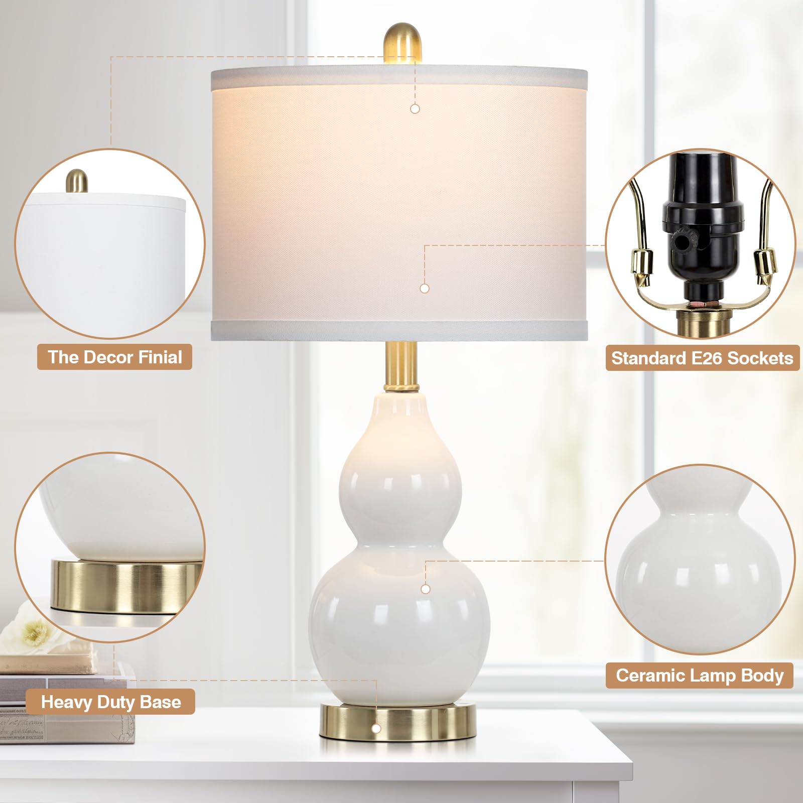 Modern White Double Gourd Ceramic Table Lamps Set of 2 - Contemporary Nightstand Lamps for Bedroom & Living Room with Included Bulb | Perfect for Bedside Lighting, Home Decor, and Cozy Ambiance