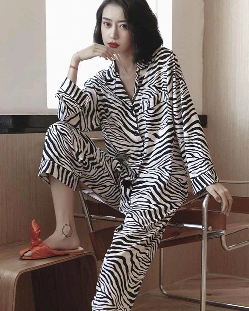 Zebra Print Silk Pajama Set for Women - Soft Luxurious Sleepwear - Perfect for Lounge, Sleep & Spa Days