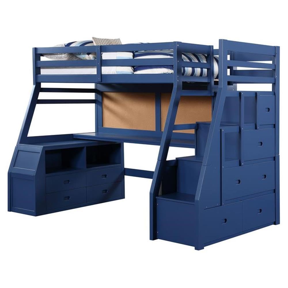 Acme Jason II Twin Wooden Loft Bed with Storage & 8 Drawers - Navy Blue - Space-Saving Kids Bedroom Furniture for Small Rooms & Dorm Organization