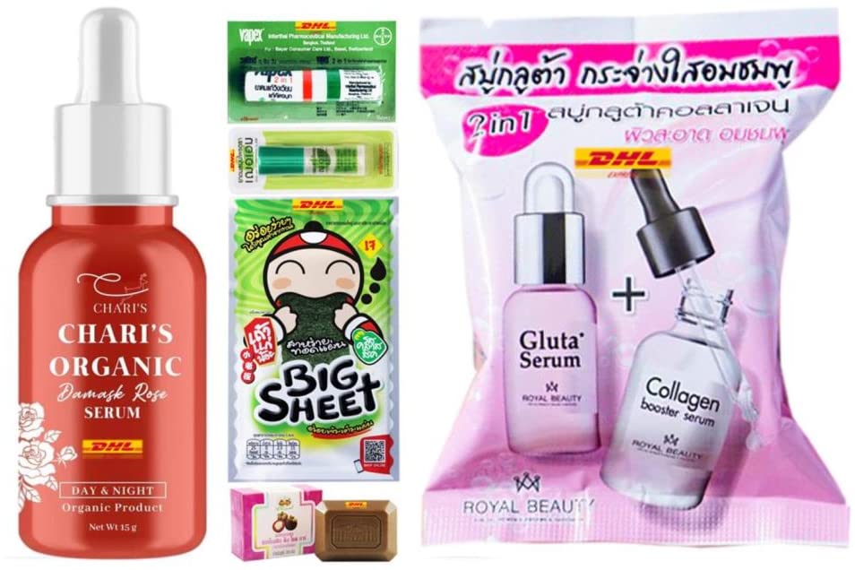 Organic Damask Rose Serum 15g & Gluta Collagen Soap 60g Set - Y-9209 Royal Beauty Skincare Kit with Free Tomato Facial Mask | DHL Express | Perfect for Daily Hydration & Brightening Routine