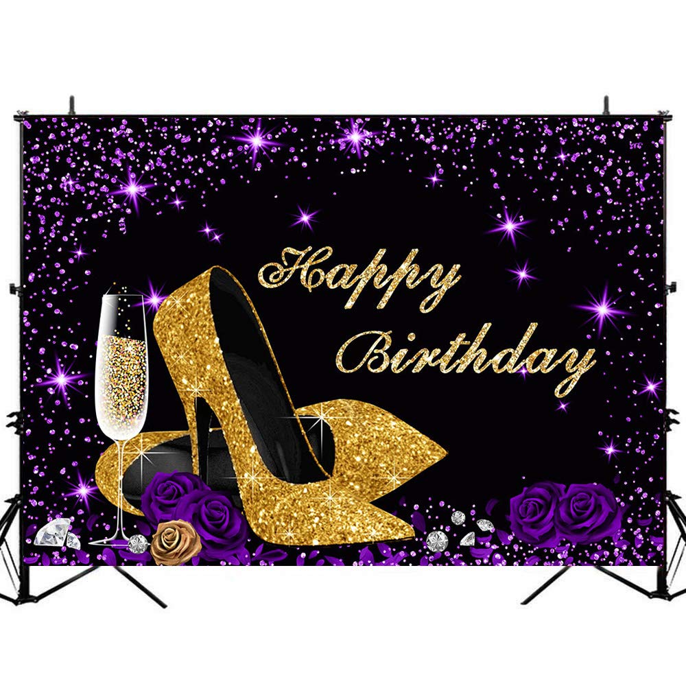 8x6ft Purple & Gold Birthday Backdrop with Rose Flowers, Champagne Heels & Glitter Dots - Elegant Women's Party Decor for Birthday Celebrations, Baby Showers & Special Events