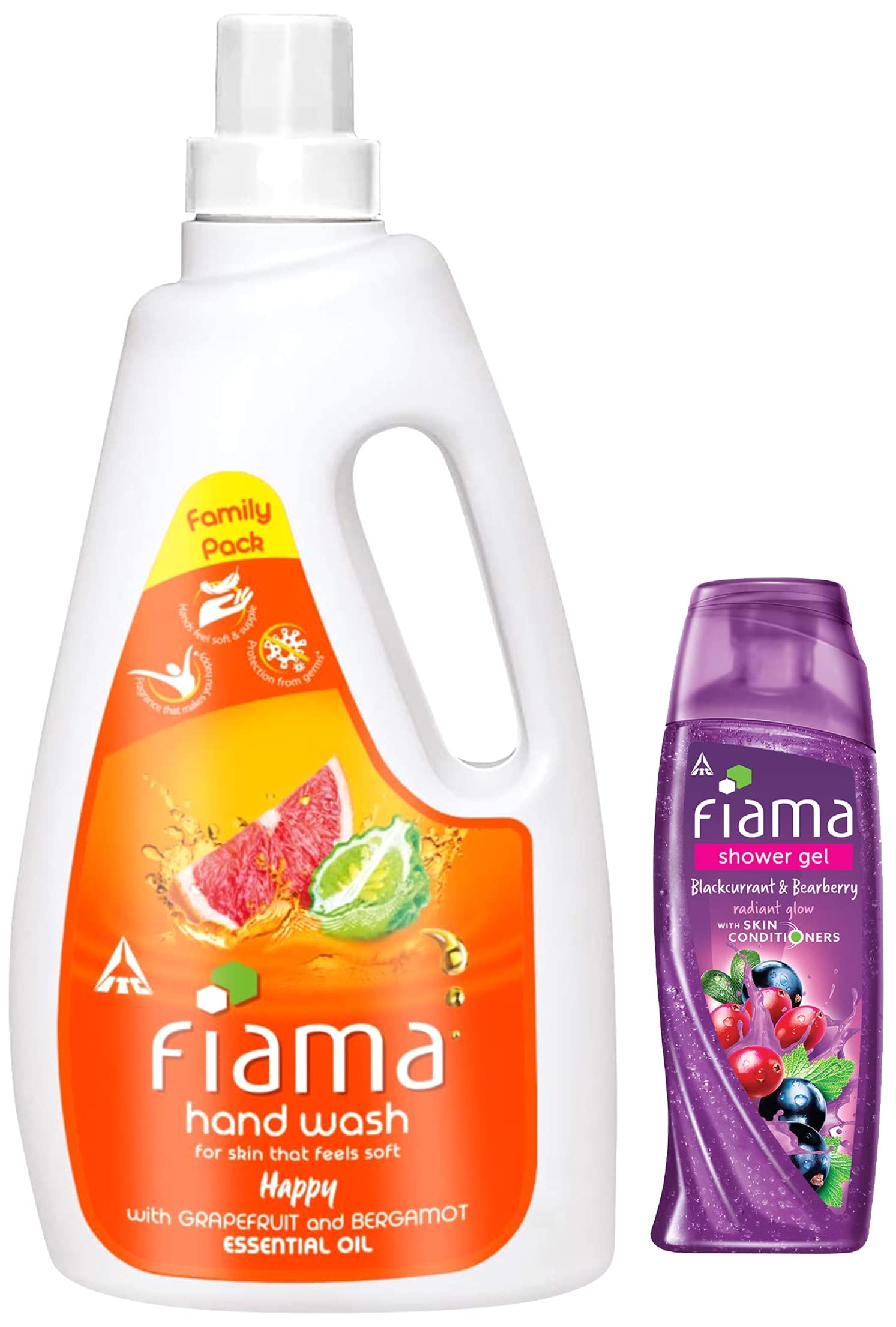 Fiama Happy Moisturising Hand Wash - Grapefruit & Bergamot Scent, 1000ml Refill Pack | Fiama Shower Gel - Blackcurrant & Bearberry Body Wash with Skin Conditioners for Radiant Glow, 250ml Bottle | Hydrating Hand & Body Wash for Daily Use at Home or Travel