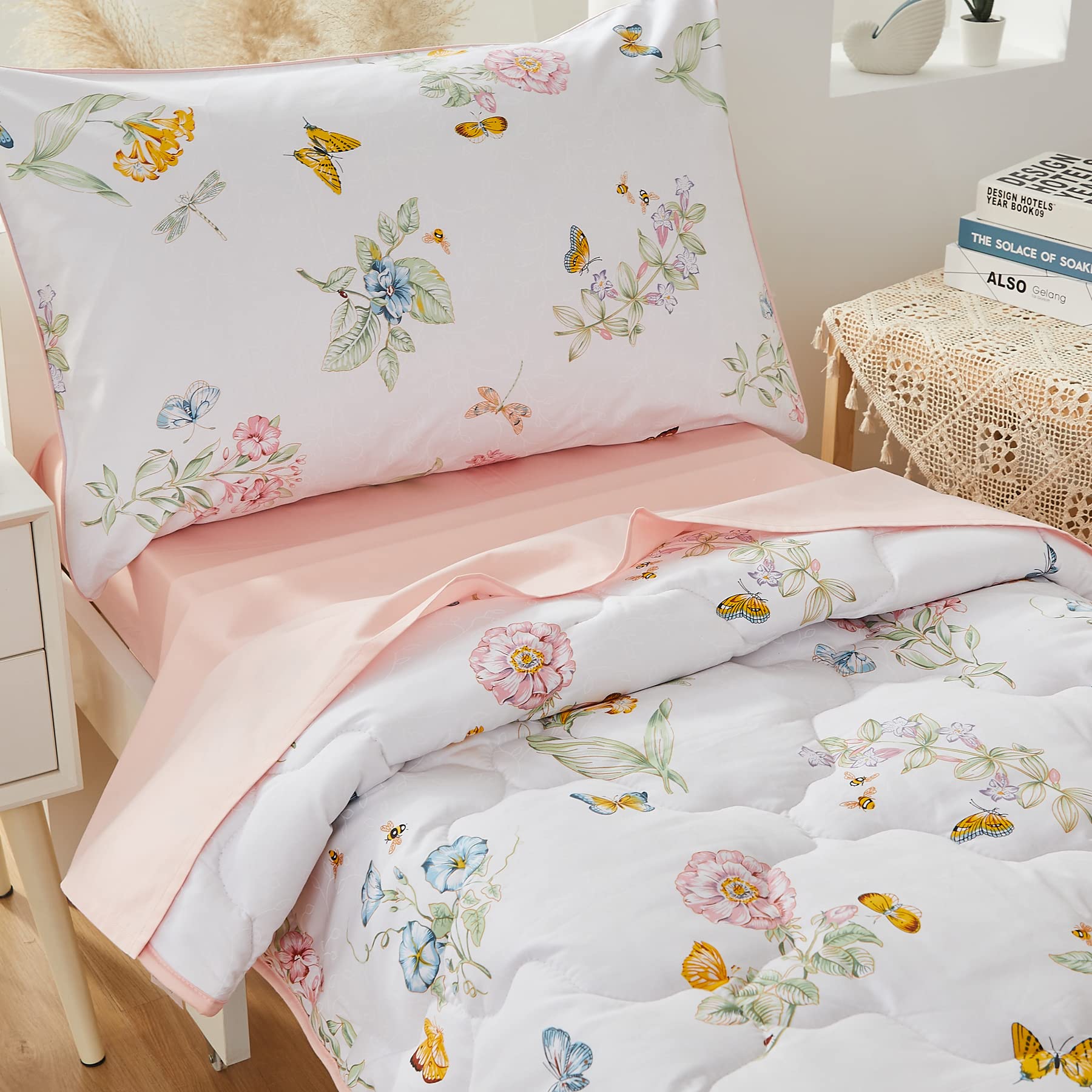 Brandream Toddler Bedding Set for Girls - 4Pcs Pink Butterfly Floral Cotton Comforter & Sheet Set, Soft Blush White Green Nursery Bedding | Perfect for Kids' Room Decor, Baby Crib & Toddler Bed