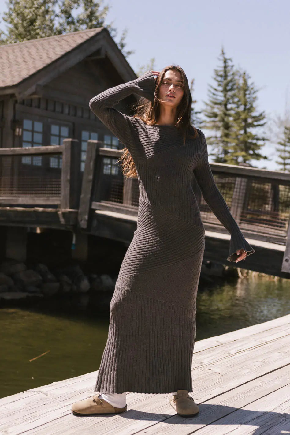 Grove Ribbed Maxi Dress in Charcoal - Women's Long Sleeve Bodycon Dress for Casual, Party & Evening Wear - FINAL SALE