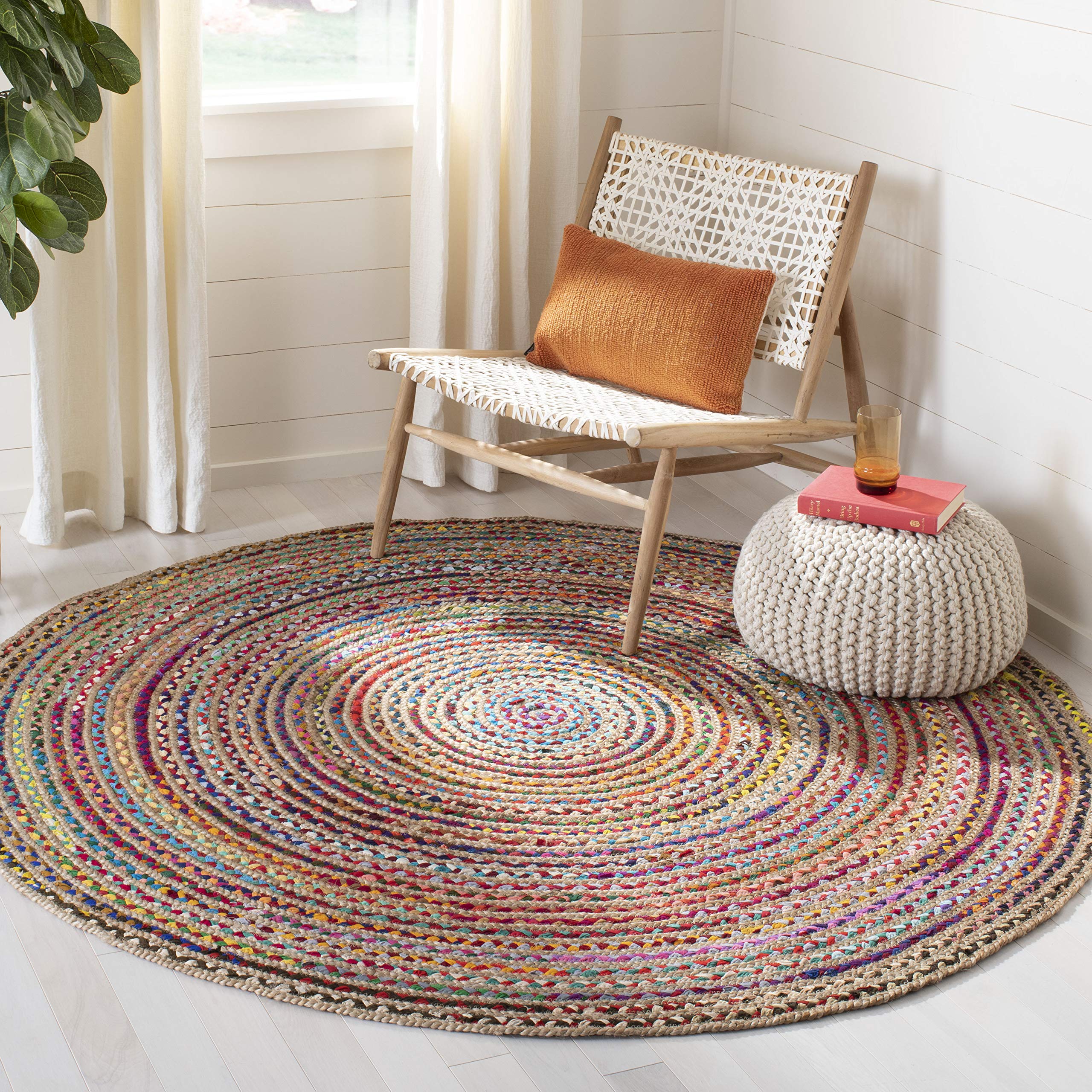 SAFAVIEH Cape Cod Collection 7' Round Natural/Multi Handmade Boho Braided Jute Rug - Perfect for Entryway, Foyer, Living Room, Bedroom & Kitchen Decor