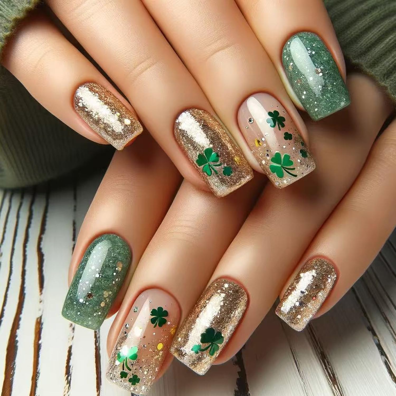 St. Patrick's Day Press On Nails - Medium Coffin Fake Nails with Lucky Clover Design, Green Gold Glitter & French Tips | 24Pcs Shamrock Glitter Full Cover Artificial Nails for Women | Perfect for Parties, Festivals & Irish Celebrations