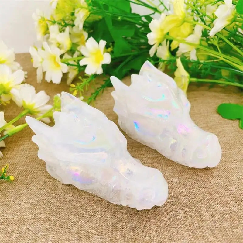 Natural Aura Quartz Dragon Skull Carving - Handcrafted Animal Statue for Home Decor, Feng Shui, Meditation & Spiritual Healing | Unique Holiday Gift, Birthday Present & Room Decoration (1 Piece) | Perfect for Zen Gardens, Office Desk & Crystal Collections