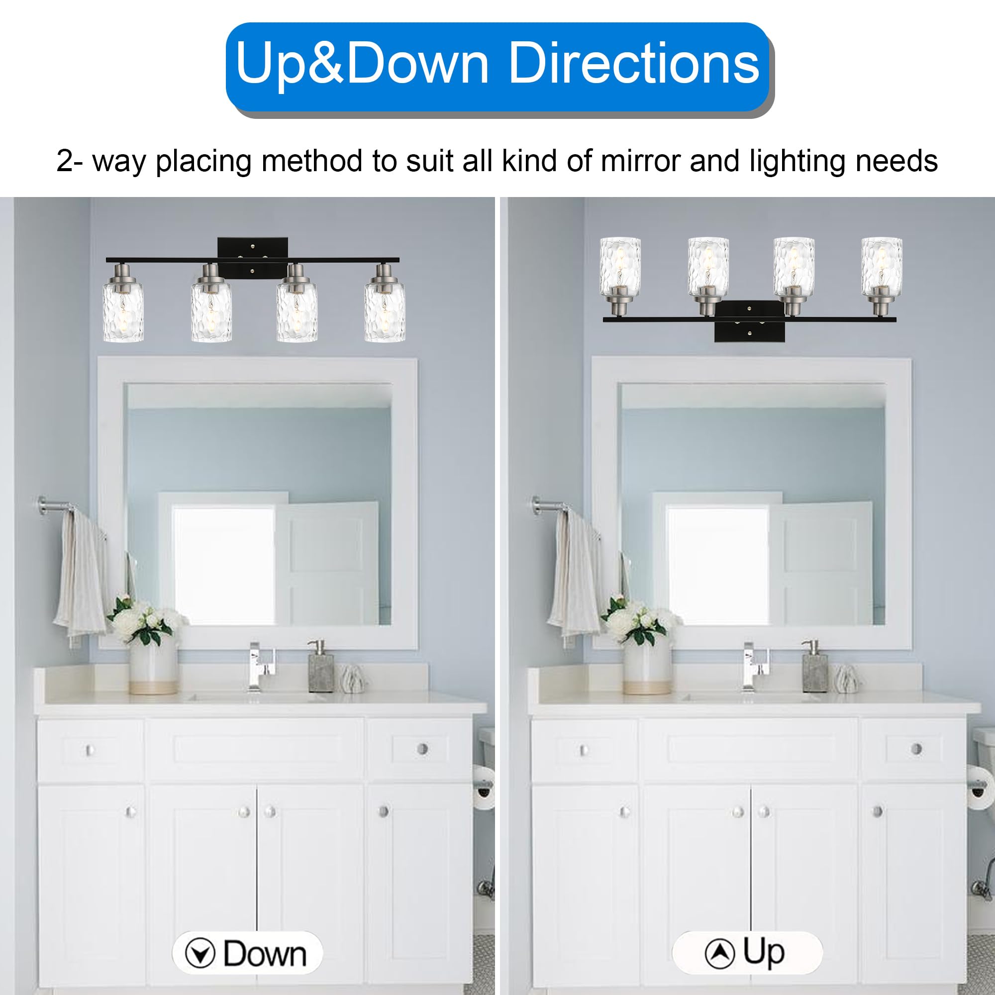 MELUCEE 4-Light Black Bathroom Vanity Light - 31 Inch Brushed Nickel Mirror Lighting with Clear Hammered Glass Shade - Dimmable Metal Wall Lamp for Bathroom, Kitchen, Dressing Room (Patent: US D963914 S) - Perfect for Modern Home Decor & Vanity Makeup Area