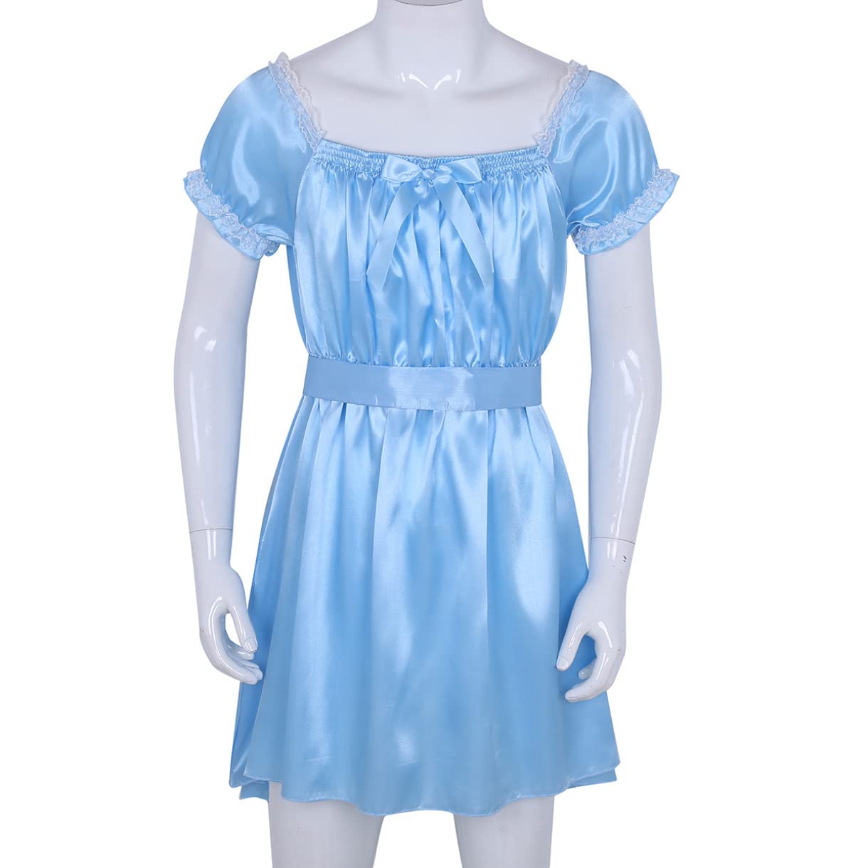 EasyForever Men's One Piece Silky Satin Lace Trim Ruffled Dress - Elegant Crossdressing Costume for Parties, Cosplay & Special Occasions