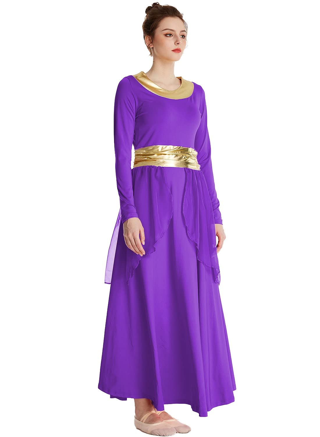 REXREII Women's Praise Dance Robe - Metallic Waistband Long Sleeve Liturgical Worship Dress with Chiffon Skirt for Church Performances, Choir Concerts & Lyrical Dance Costume - Perfect for Easter, Christmas & Baptism Ceremonies