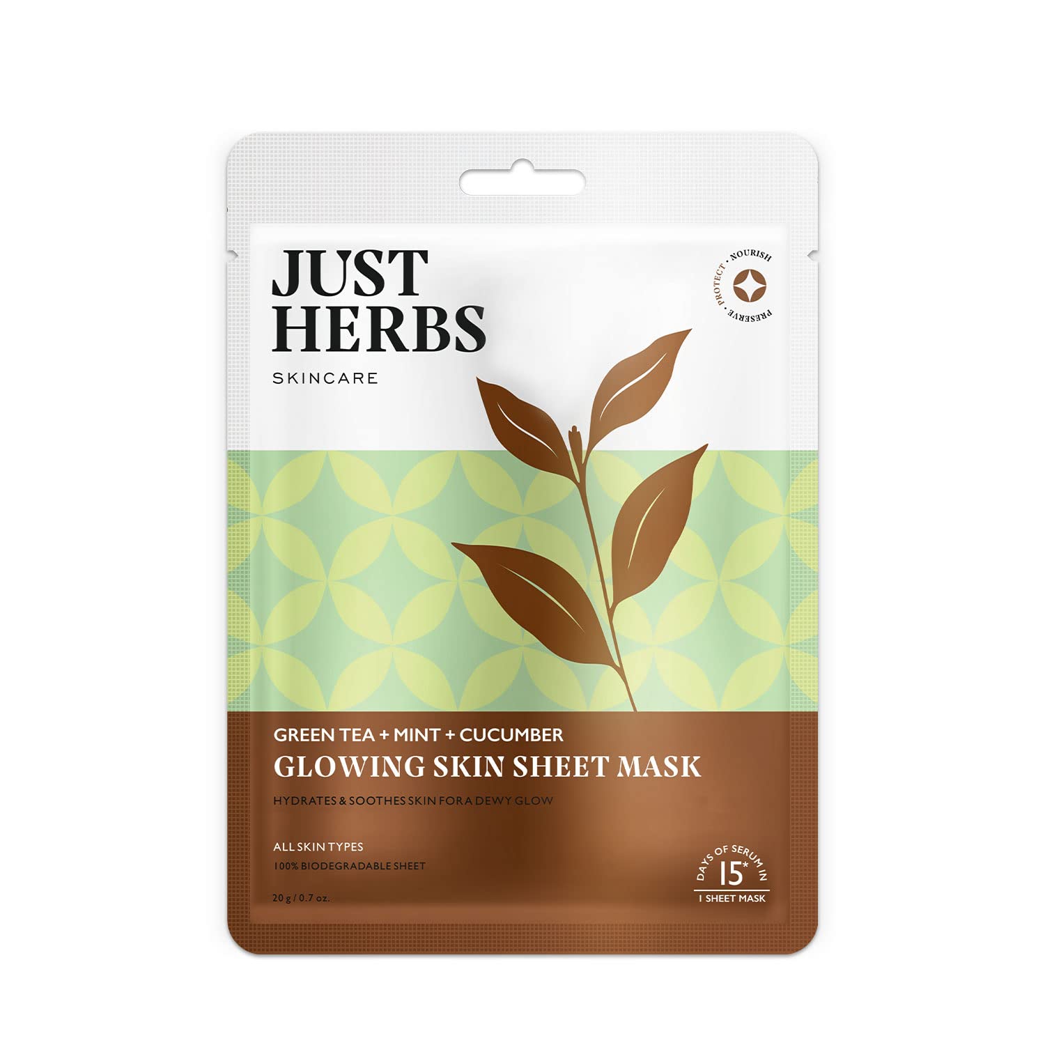 Just Herbs Sheet Mask for Glowing Skin - Green Tea, Mint & Cucumber Facial Serum Masks (20g) | Hydrating & Brightening Face Mask for Spa Day & Self-Care Routine