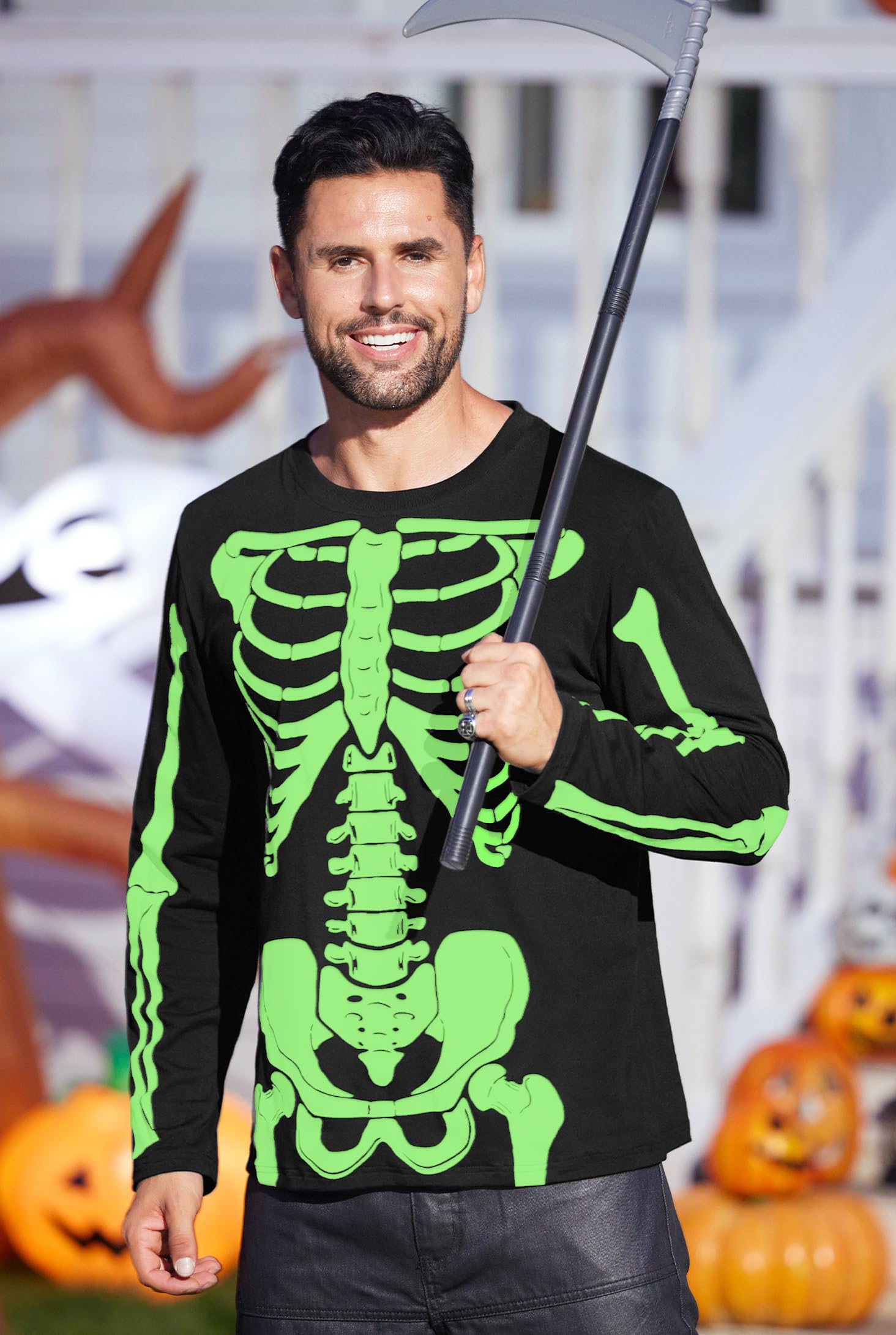 Arvilhill Men's Halloween T-Shirt - Jack O' Lantern Skeleton Design Long Sleeve Shirt | Glow in The Dark | Sizes S-3XL | Perfect for Halloween Parties, Costume Events & Spooky Night Outfits
