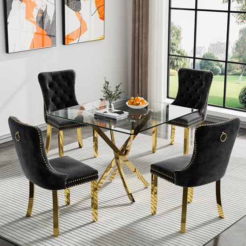 Gold Square Table With 4 Black Chairs
