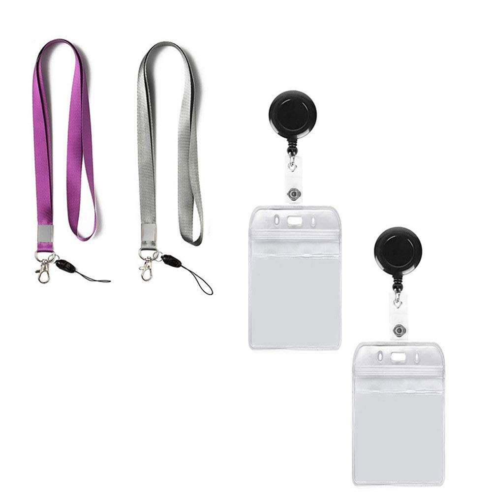 2 Packs Retractable ID Badge Holder with Lanyard - Vertical Clear PVC Card Holder, Waterproof Resealable Zipper (Purple/Gray) - Perfect for Office, School, Events & Security Access Control