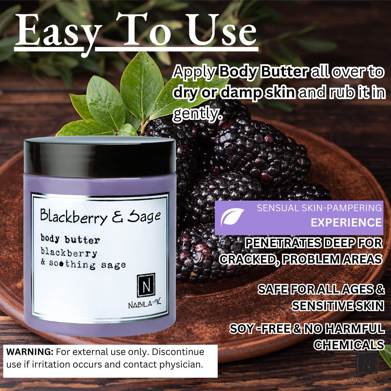 Blackberry Sage Body Butter - Deep Moisturizing & Hydrating Daily Lotion for Dry Skin - Natural Ingredients, 9 oz - Perfect for After Shower & Nighttime Skin Care