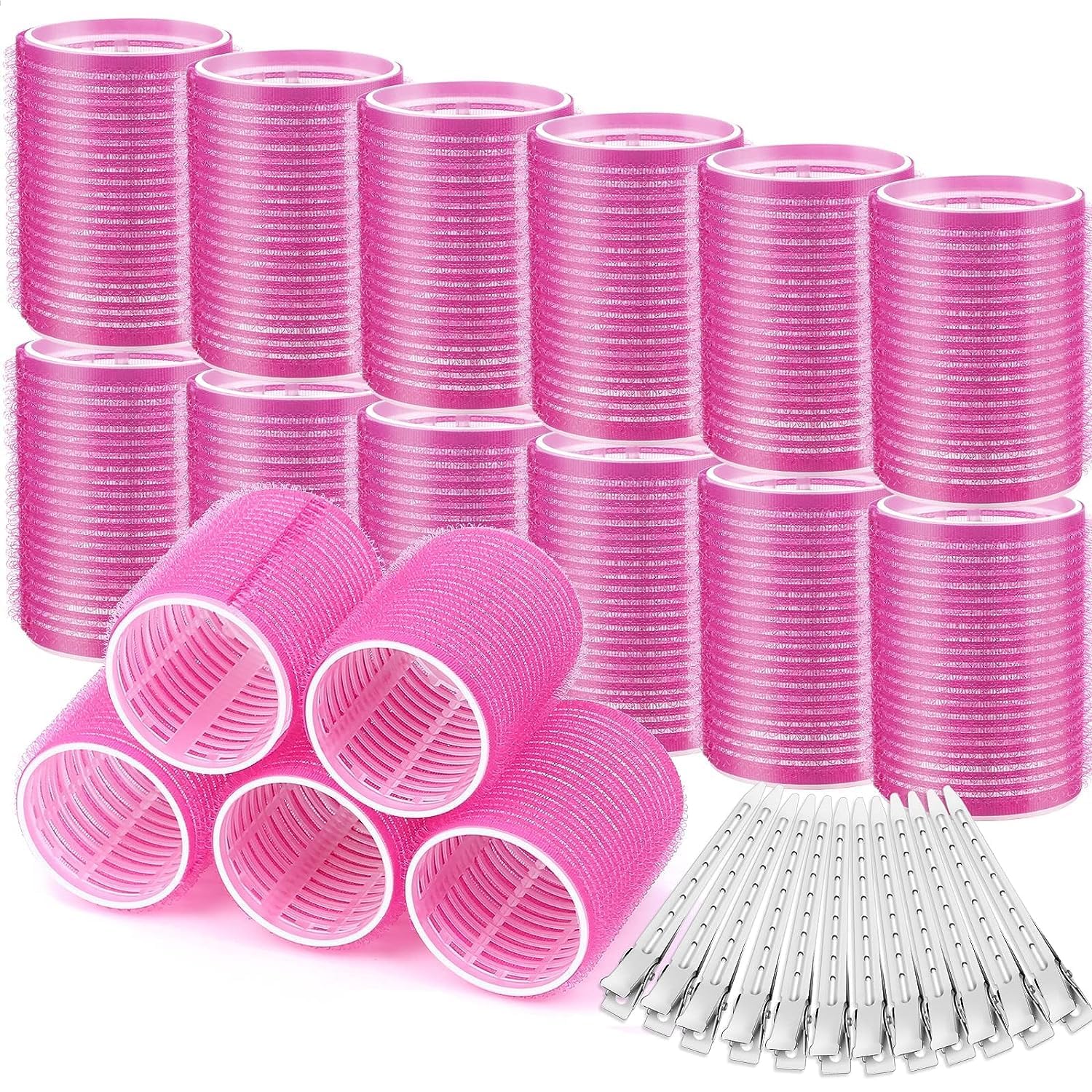 6Pcs Self-Grip Hair Rollers with 12Pcs Stainless Steel Duckbill Clips - Voluminous Curls for Long & Medium Hair - Perfect for Salon Styling & Home Use