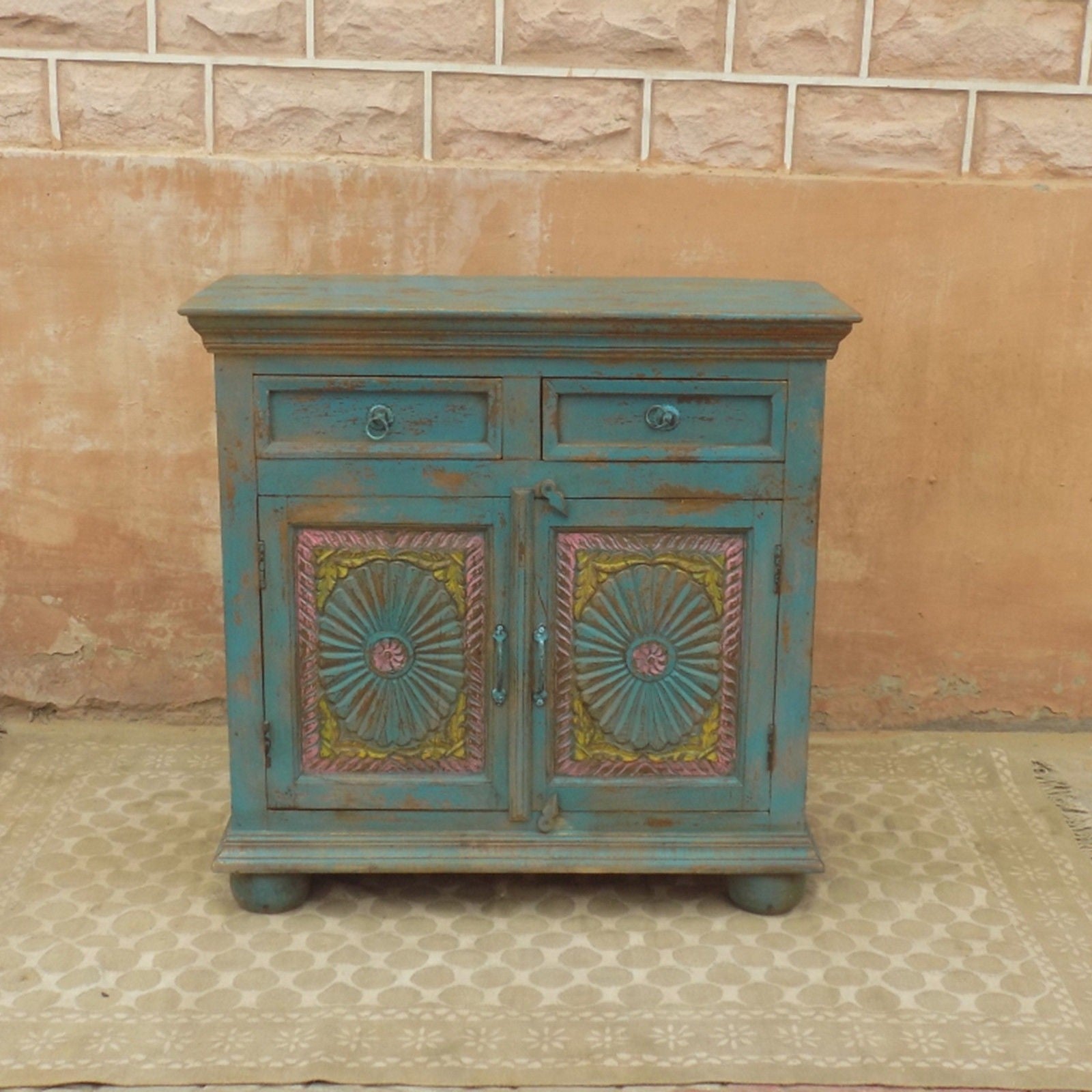 Hand Carved Solid Wood Sideboard - Rustic Blue 1M Wide Buffet Cabinet for Dining Room, Farmhouse Decor, Kitchen Storage & Entryway Furniture