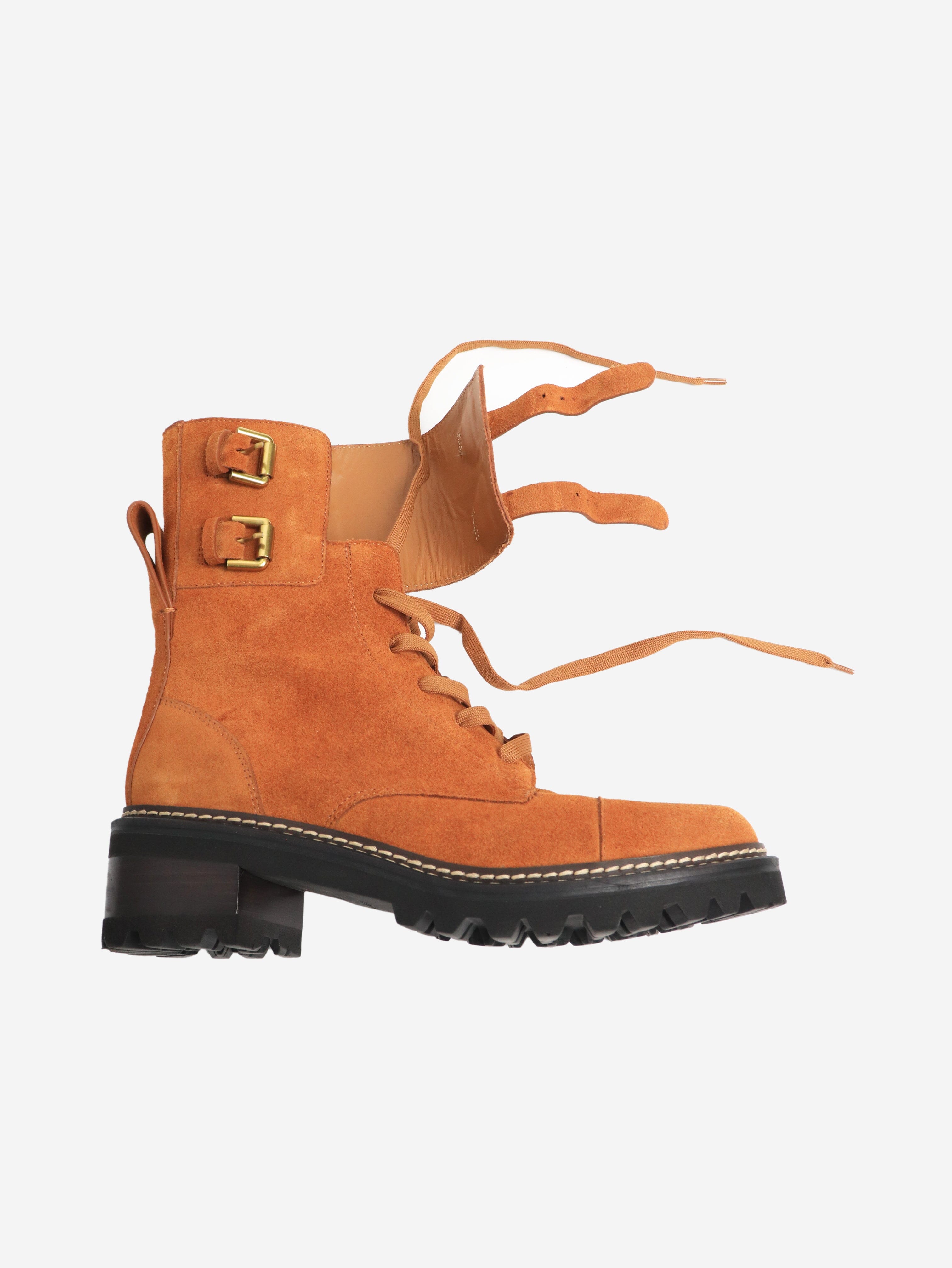 Stylish Brown Suede Combat Boots Women's Size EU 38.5 (UK 5.5) - Trendy Ankle Boots for Fall Fashion, Casual Outfits & Streetwear Looks