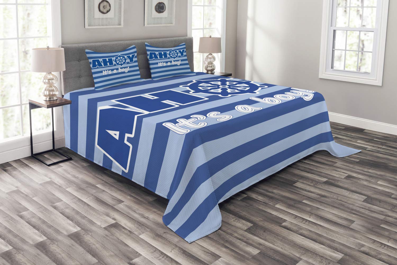 Ambesonne Gender Reveal Party Bedspread Set - Modern Marine Wheel Striped Design, 3-Piece Decorative Bedding with Coverlet & 2 Pillow Shams, King Size in Pale Blue & White | Perfect for Baby Shower Decorations & Nursery Room Styling