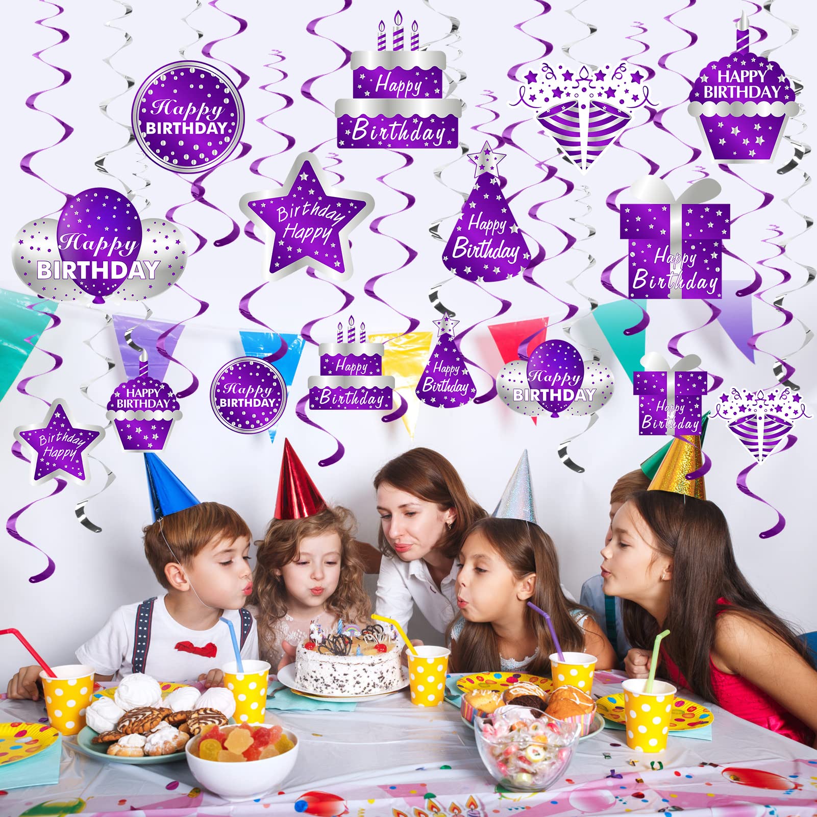 16Pcs Purple & Silver Happy Birthday Hanging Swirl Decorations - Foil Ceiling Swirls for Women, Girls Birthday Parties - Perfect for 10th, 16th, 18th, 21st, 30th, 40th, 50th, 60th Milestone Celebrations - Great for Home, Ballroom & Banquet Decor