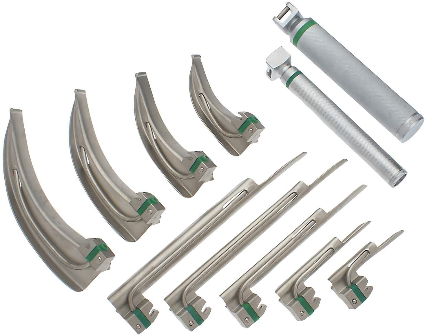 Premium Airway Intubation Deluxe Kit with Carrying Case - 9 Fiber Optic Blades (Straight & Curved) + 2 Handles & Green Cool Light Source | Emergency Medical Equipment for First Responders, EMTs, and Hospital Intubation Procedures