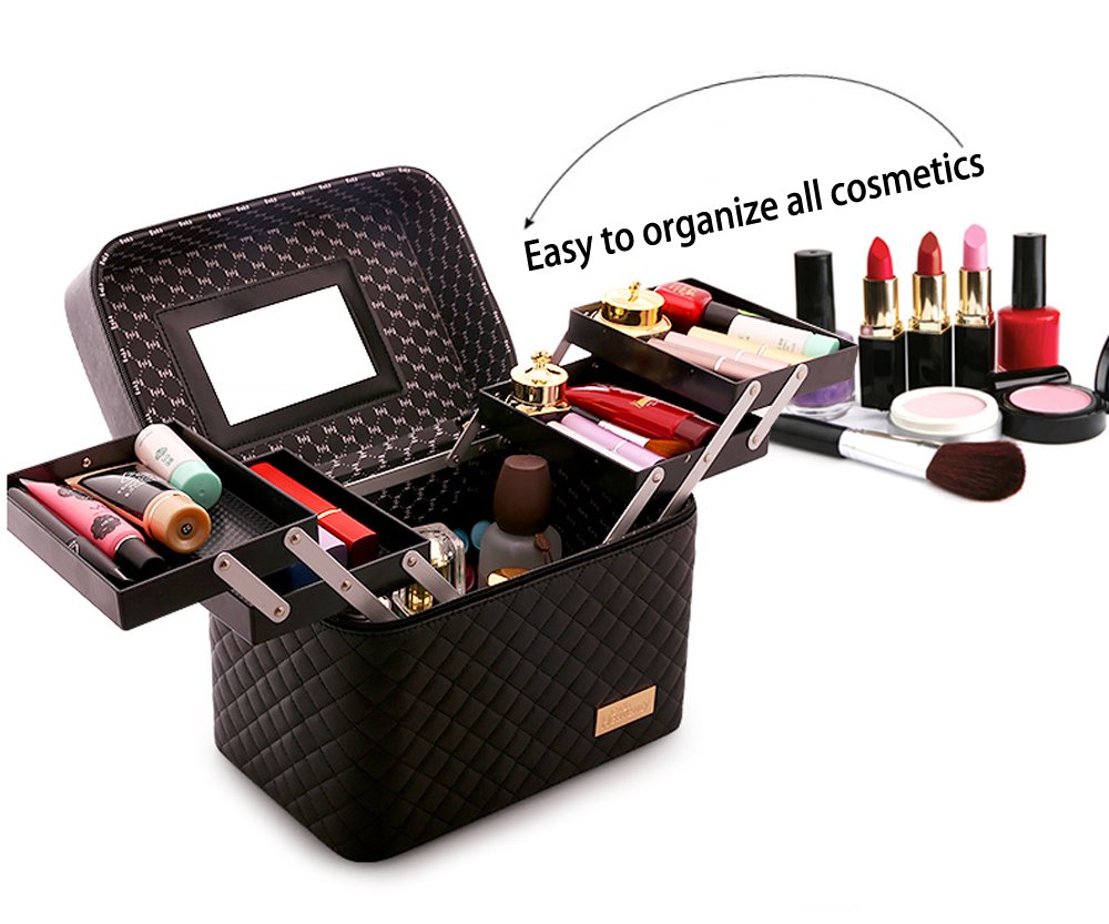 Sooyee 4-Layer Foldable Makeup Bag with Mirror - Travel Cosmetic Organizer for Women, Black | Perfect for Travel, Home Storage & Makeup Artists