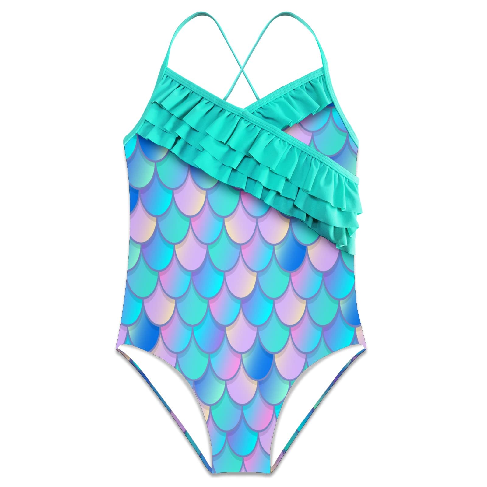 Hawaiian Ruffle One Piece Swimsuits for Girls - Mermaid Scale Beach Swimwear | Perfect for Pool, Beach Vacations & Summer Water Activities