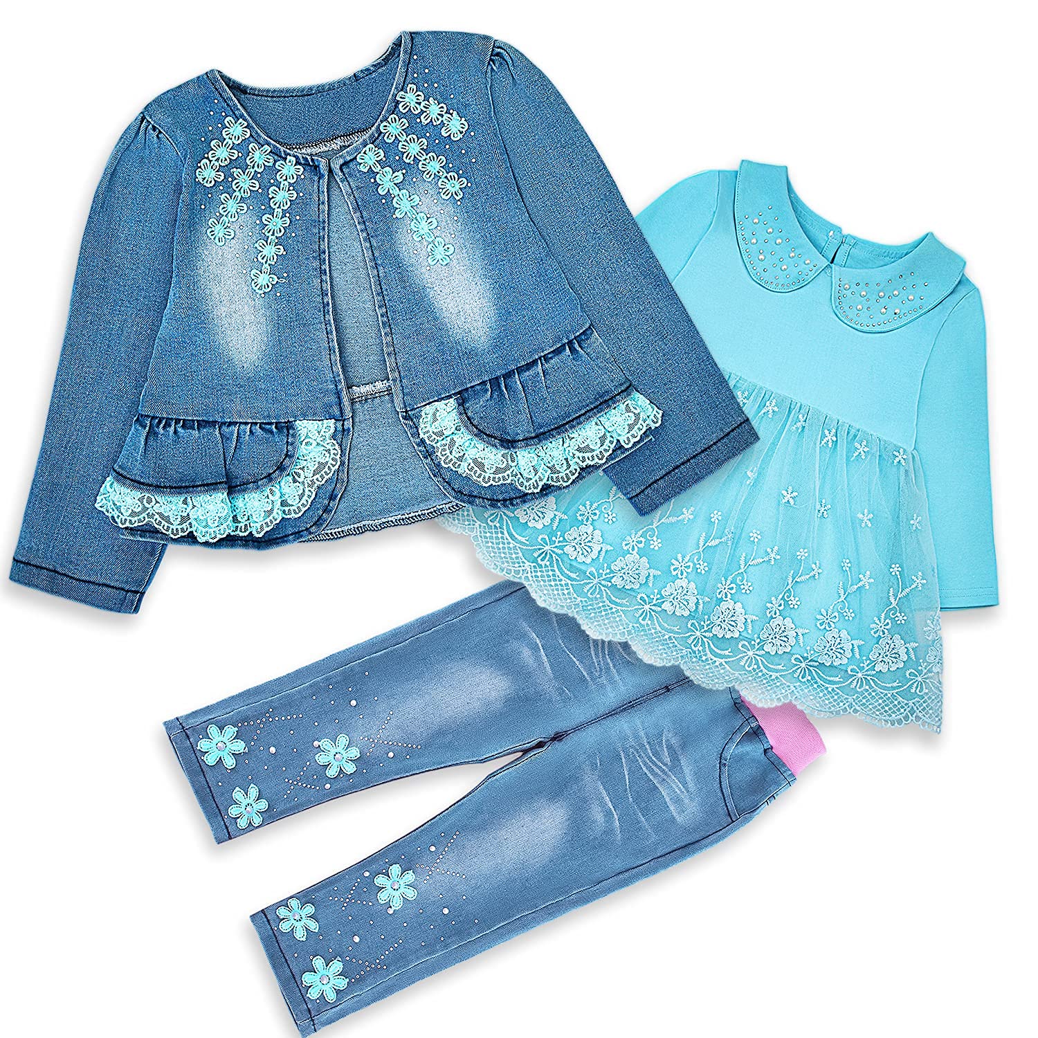 3-Piece Baby Girls Spring & Fall Outfit Set - Long Sleeve T-Shirt, Denim Jacket & Jeans | Cute Toddler Clothes for Playdates & Family Photos