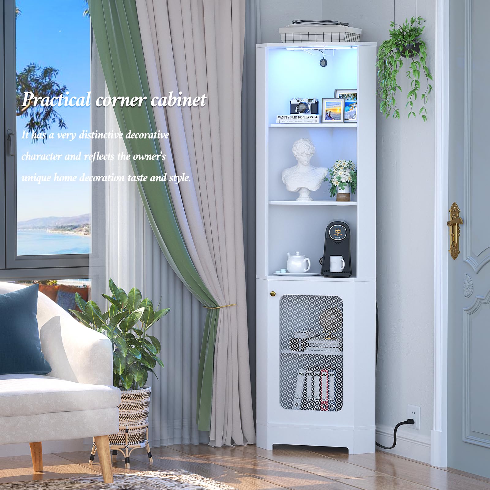 5-Tier White Corner Shelf with Power Outlet & LED Light - Glass Holder Storage Cabinet for Living Room, Kitchen, Bar - Space-Saving Display Unit for Small Spaces & Home Decor