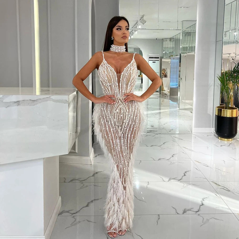 Elegant White Beaded Feather Mermaid Evening Gown with Spaghetti Straps - LA72047 for Prom, Wedding, and Formal Events