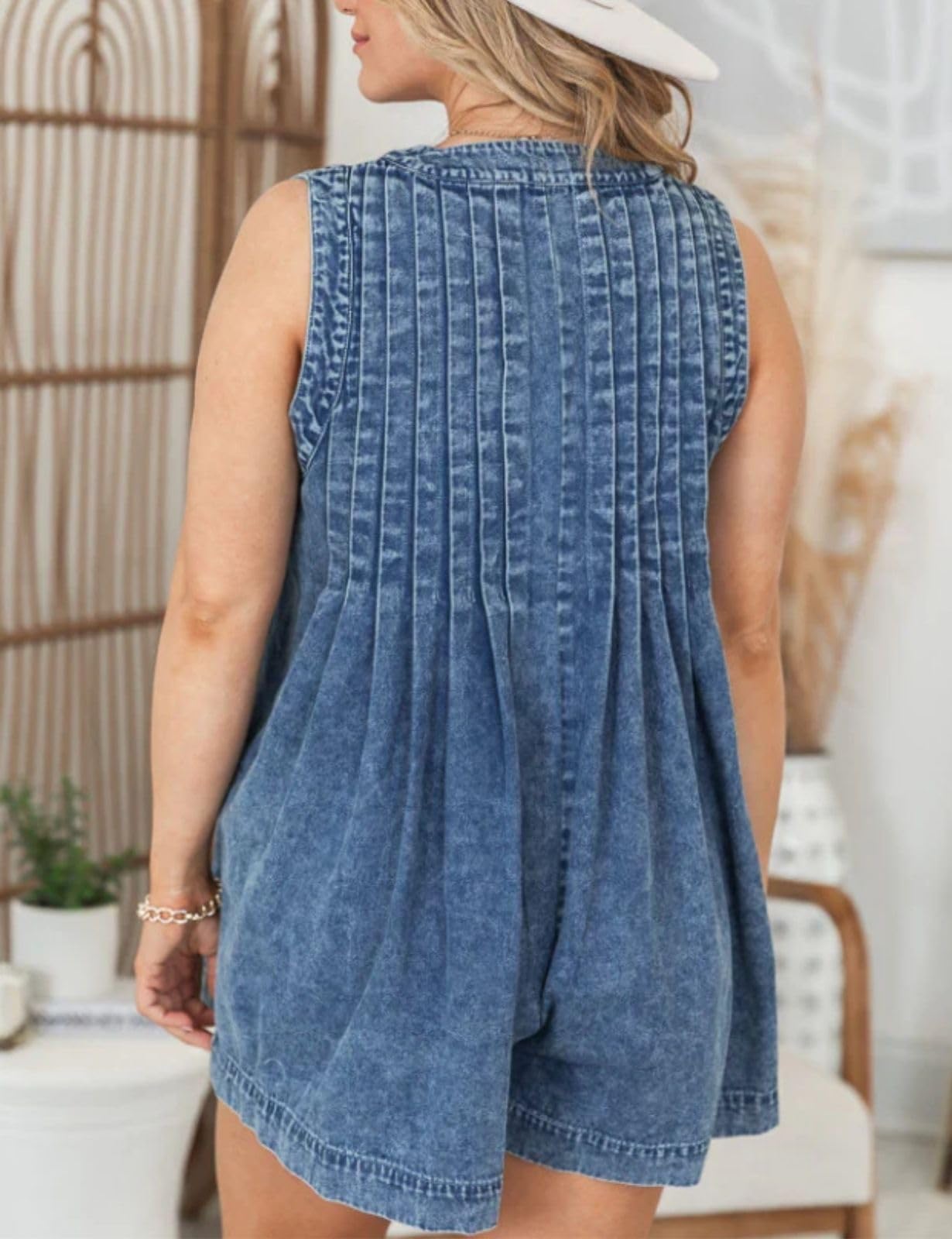 Happlan Women's Denim Pleated Romper Jumpsuit Overalls with Pockets - Casual Summer Outfit for Beach, Party & Streetwear Fashion