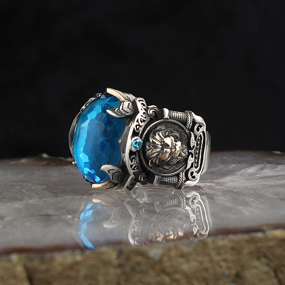 Large Lion Ring with CZ Aquamarine in Sterling Silver - Unique Handmade Jewelry for Birthday Gifts (RP1231) | Perfect for Women's Fashion, Statement Jewelry & Special Occasions