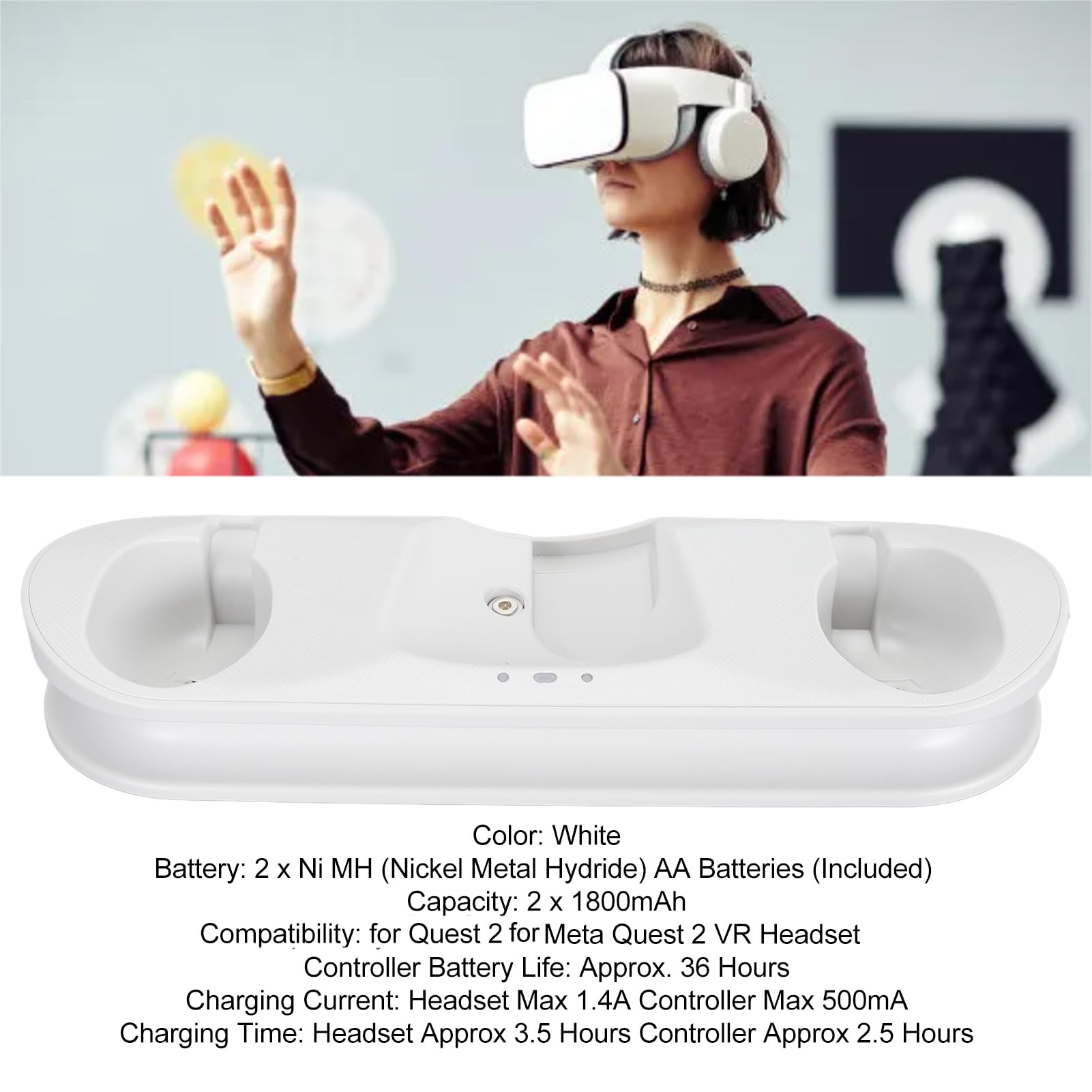Fast Charging VR Headset & Controller Dock with LED Indicators, Rechargeable Batteries - Compatible with Meta Quest 2 & Accessories - Perfect for Gaming Setup & VR Accessories Organization
