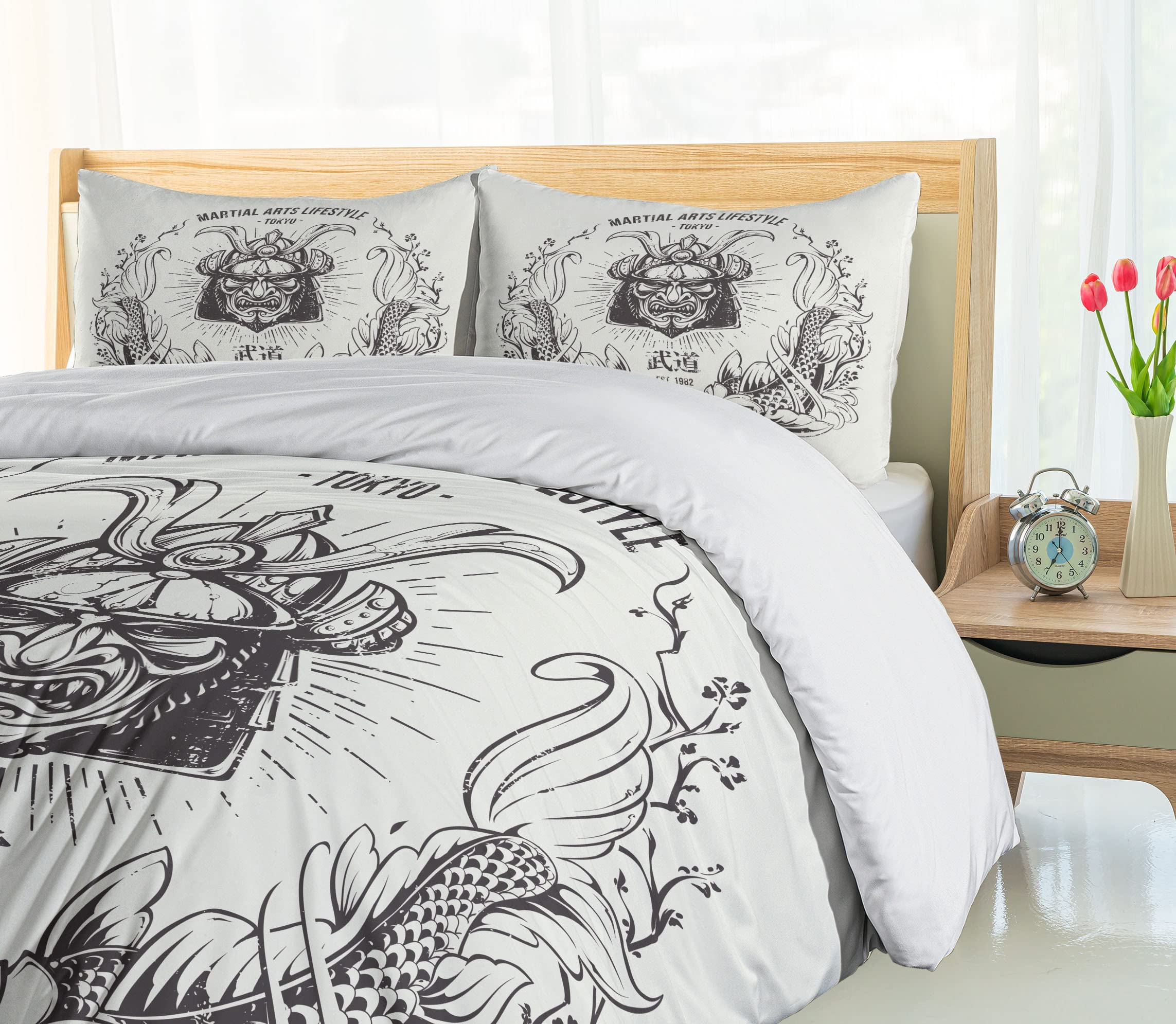 Ambesonne Japanese Samurai Koi Fish Duvet Cover Set - Traditional Asian Inspired 3 Piece Bedding with 2 Pillow Shams, Queen Size in Coconut Grey - Perfect for Zen Bedrooms, Martial Arts Themed Decor & Tokyo Style Home Interiors