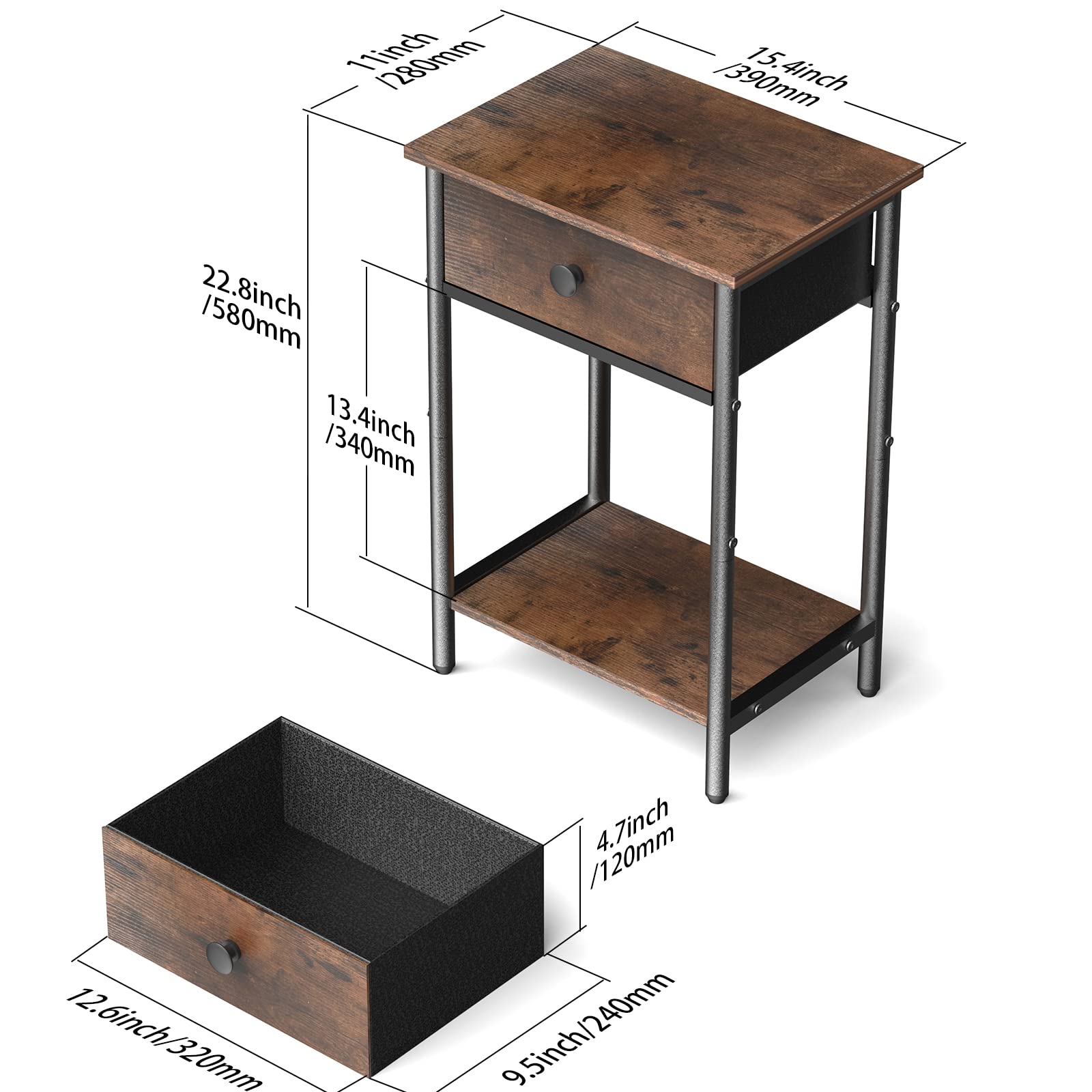 Rustic Night Stand with Drawer - 2-Tier Bedside Table for Small Spaces, Bedroom, Living Room, Study & Office - Perfect for Storage & Décor