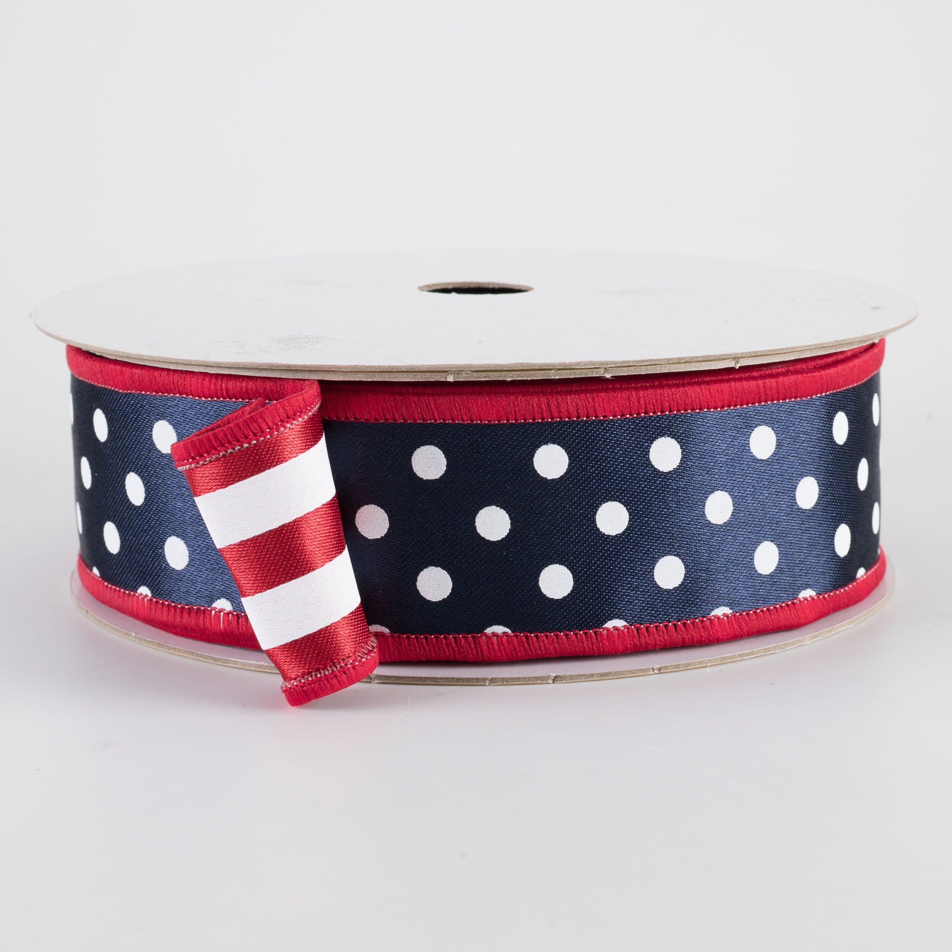 1.5 Inch Double Sided Fused Polka Dots & Stripes Ribbon - Red, White & Navy Blue (10 Yards) - Perfect for Gift Wrapping, DIY Crafts, Party Decorations and Hair Bows
