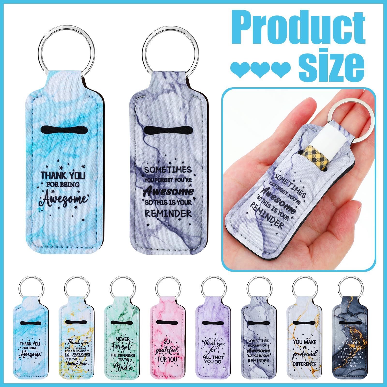 72 Pcs Marble Lipstick Holder Keychain Set - Portable Lip Gloss Pouch Organizer with Inspirational Quote (Great for Travel, Makeup Bags & Gifts)