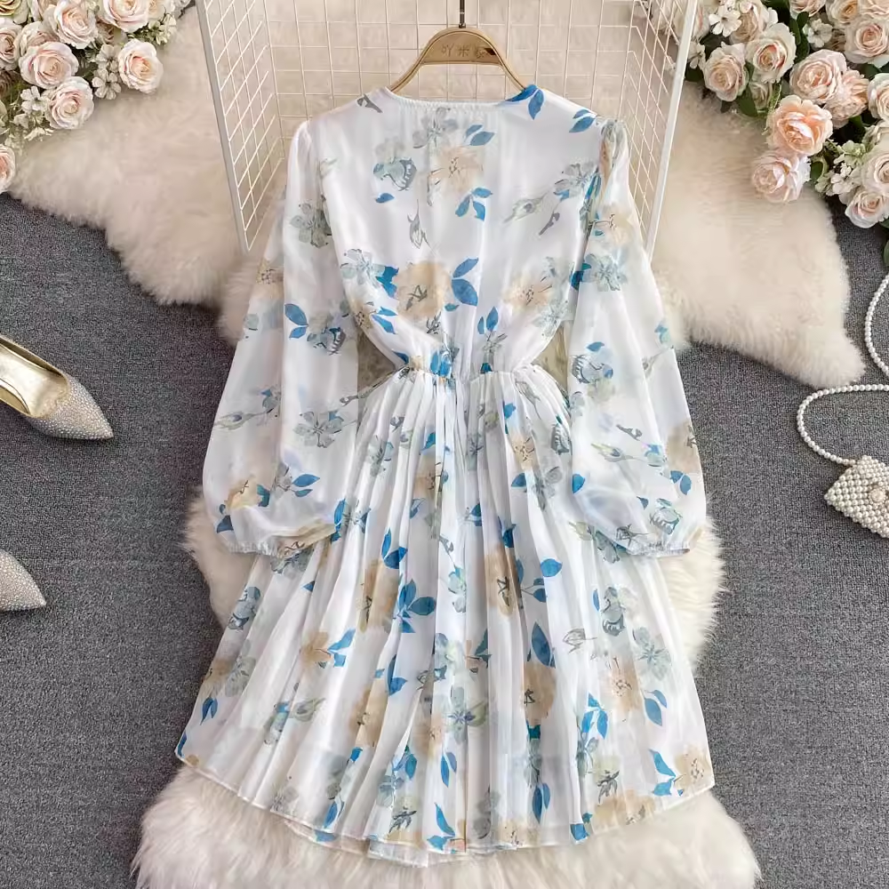 Elegant Autumn Retro V-Neck Long Sleeve Floral Chiffon Dress - A-Line Flowy Style for Women | Perfect for Fall Weddings, Parties & Date Nights