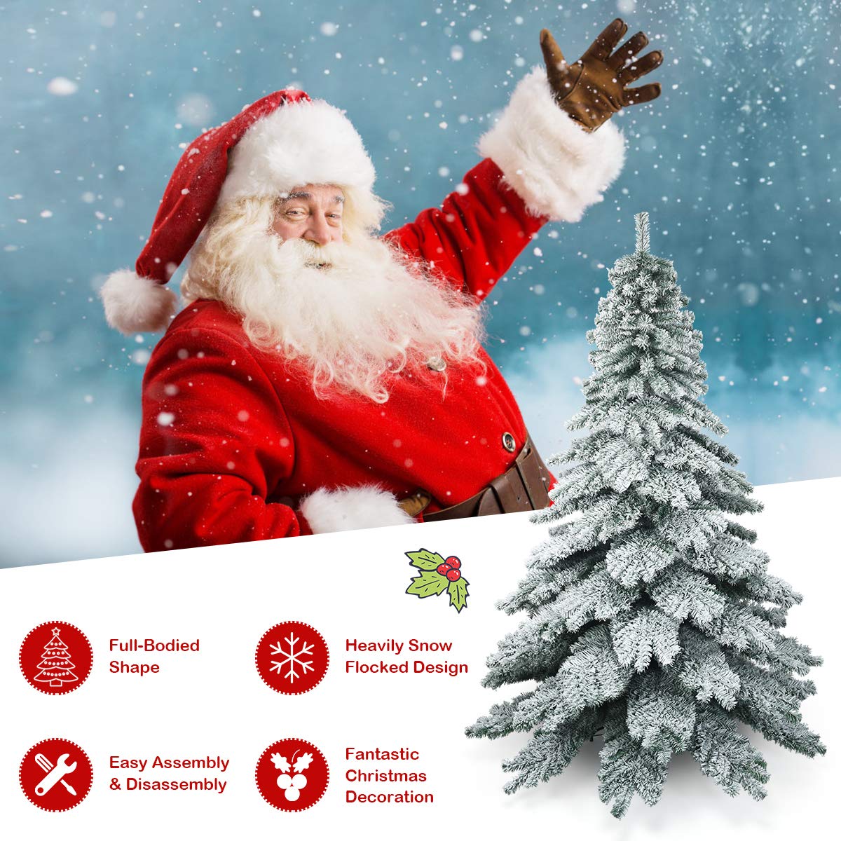 GOFLAME 7.5ft Snow Flocked Artificial Christmas Tree with Metal Stand - Realistic Hinged Fir Tree | 100% PVC Material | Easy Setup for Holiday Decor | Perfect for Living Room, Office & Christmas Party Decorations