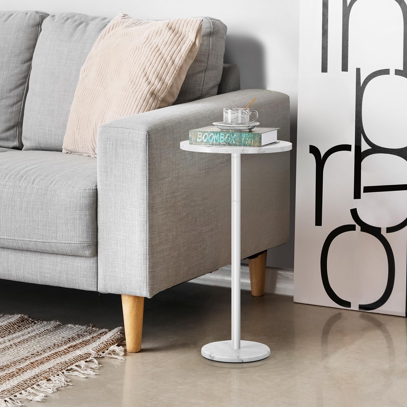 Modern White Round Side Table Set of 2 - Small Accent End Tables with Marble Base for Living Room, Bedroom, Outdoor - Perfect for Drinks, Books & Decor