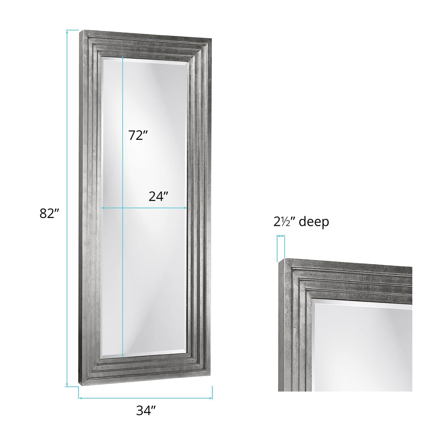 Howard Elliott Nickel Tall Delano Mirror - 34 x 82 Inch Large Full Length Standing Mirror with Stepped Design for Bedroom, Living Room, or Entryway Decor