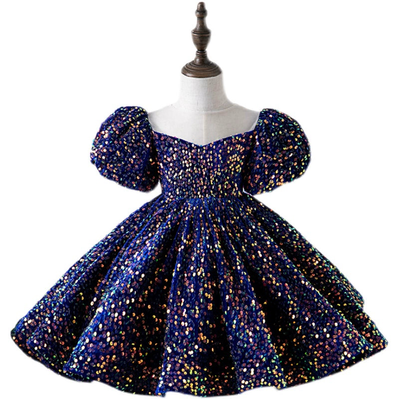 Royal Blue Princess Round Tea Length Sequined Flower Girl Dress – Perfect for Weddings, Pageants, and Special Occasions
