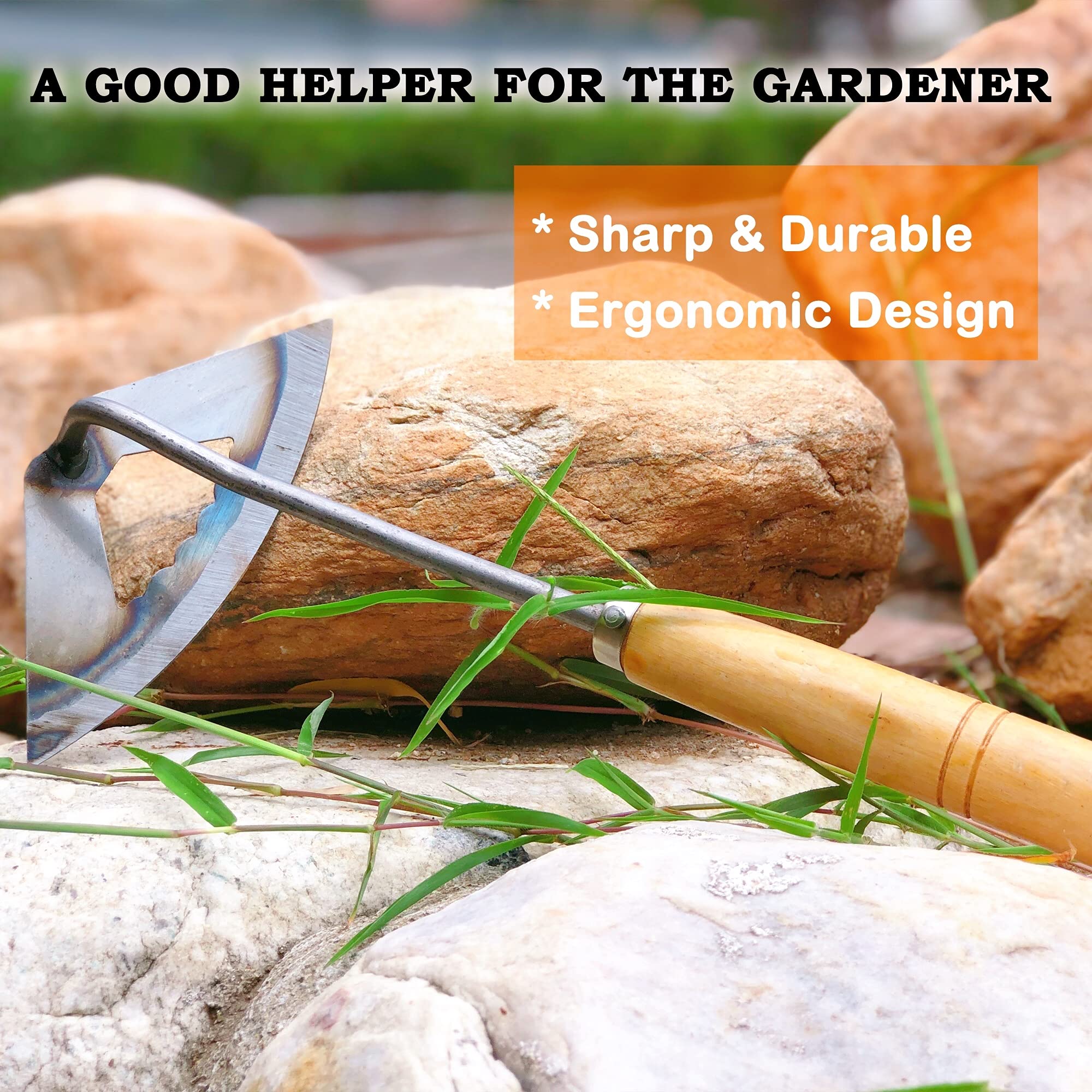 SHANFEEK Hollow Garden Hoe - 14-Inch Extended Handle Weeding Tool with Solid Wood Handle (Orange) - Perfect for Yard Work, Vegetable Gardening & Weed Removal
