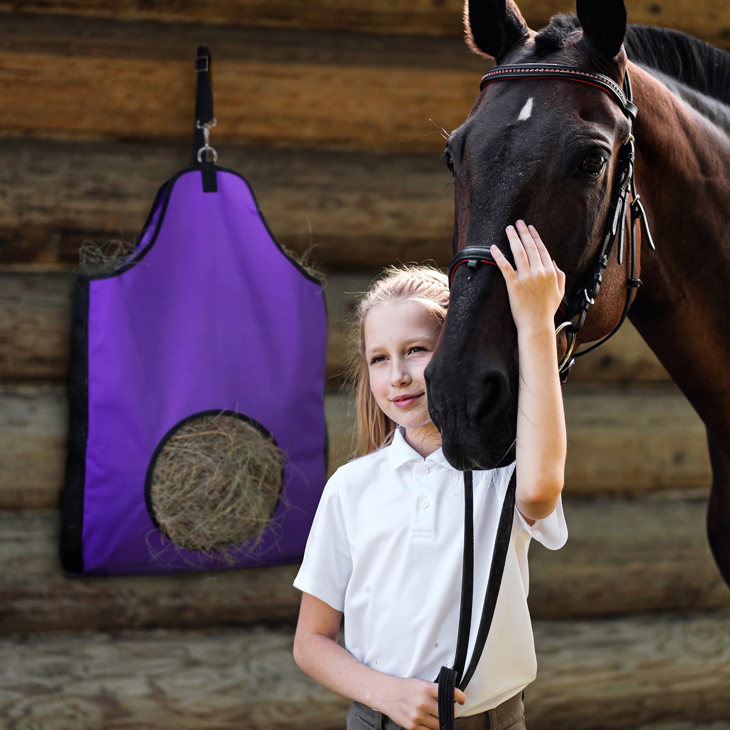 Premium Durable Horse Slow Feed Hay Bag with Metal Snap Fastener & Adjustable Strap - Ideal for Stable, Pasture & Trail Riding - Reduces Waste & Promotes Healthy Eating
