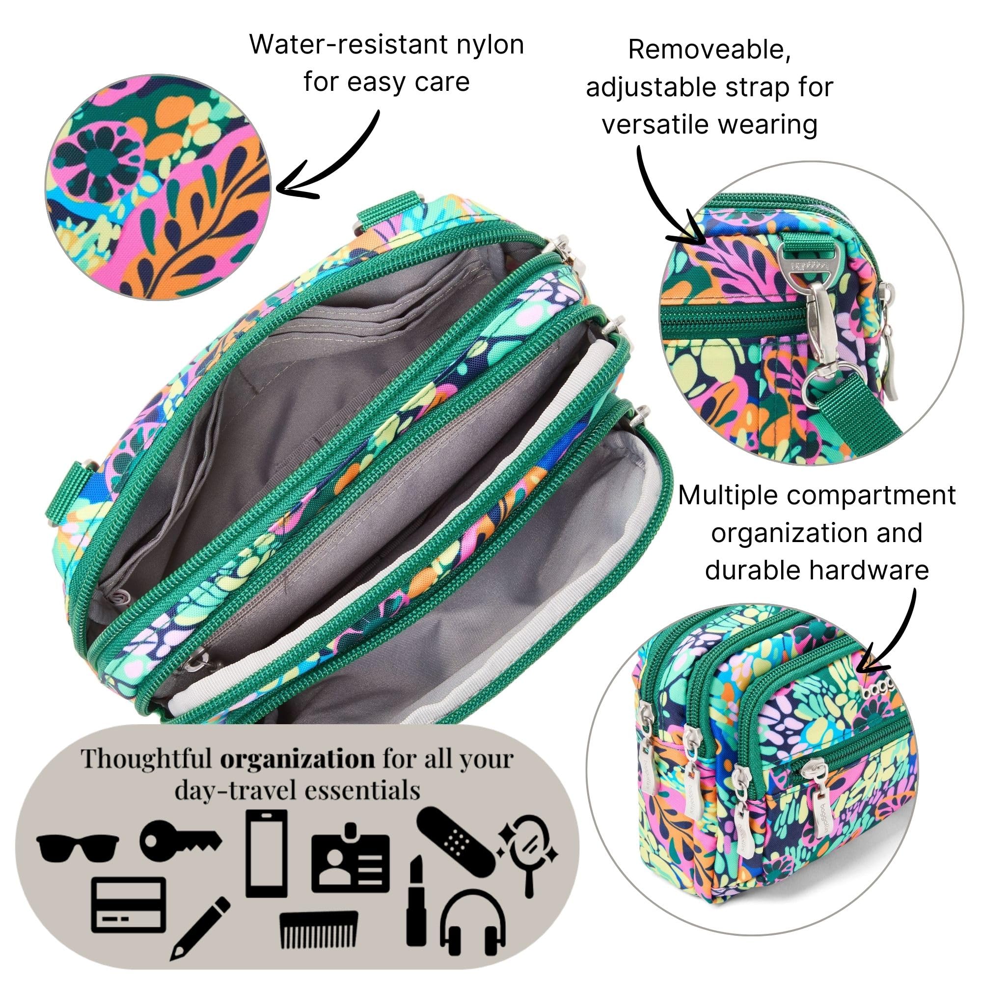 Baggallini Triple Zip Small Crossbody Bag for Women - 8x6 inch Lightweight Water-resistant Convertible Fanny Pack Belt Bag - Perfect for Travel, Shopping & Everyday Use