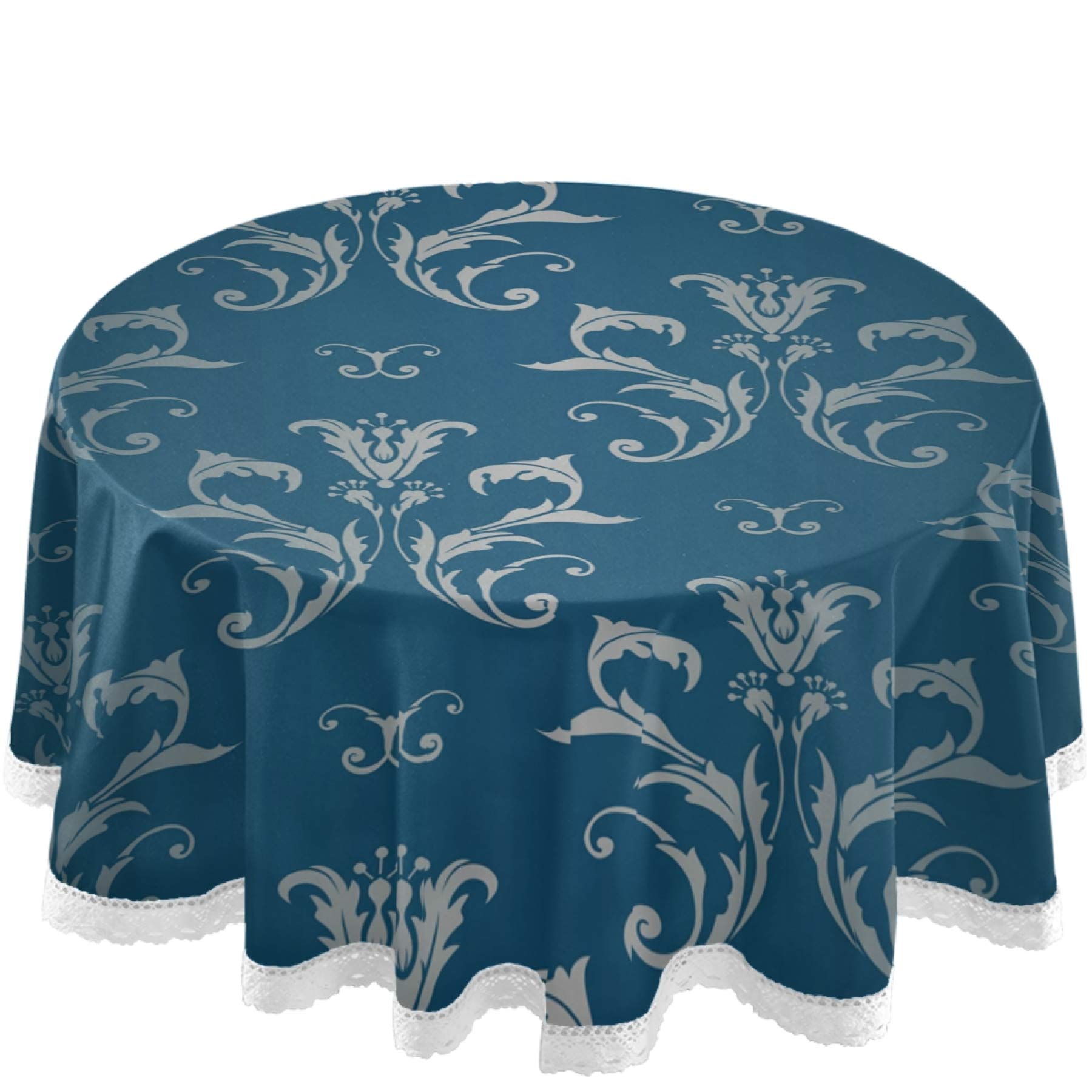 Royal Aqua Blue Floral Waterproof Round Tablecloth 60