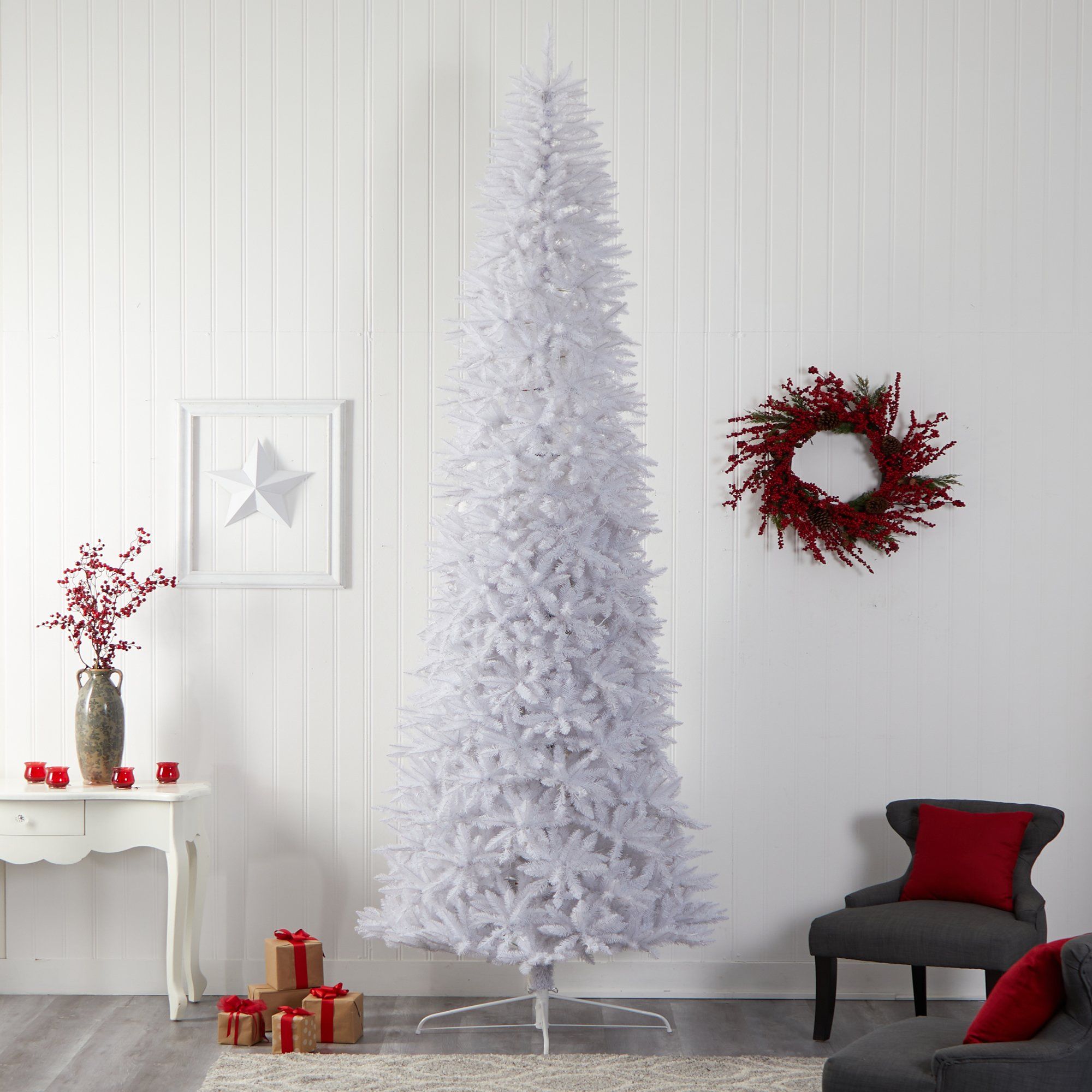 12ft Slim White Artificial Christmas Tree with 1100 Warm White LED Lights & 3235 Bendable Branches - Perfect for Small Spaces, Apartments, and Holiday Decorations