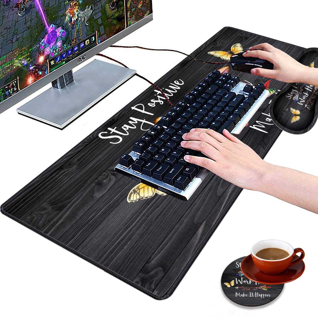3-Piece Premium Mouse Pad Set with Stitched Edge - Extra Large Non-Slip Desk Mat, Keyboard Pad & Memory Foam Wrist Rest - Includes Bonus Coaster - Motivational 
